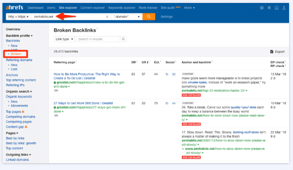 Ahrefs broken links tool