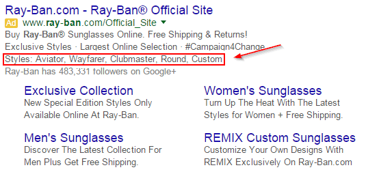 Site extensions - structured snippet extensions