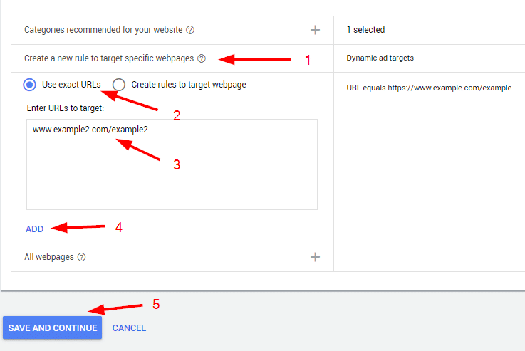 selecting URLs to use for targeting dynamic search ads