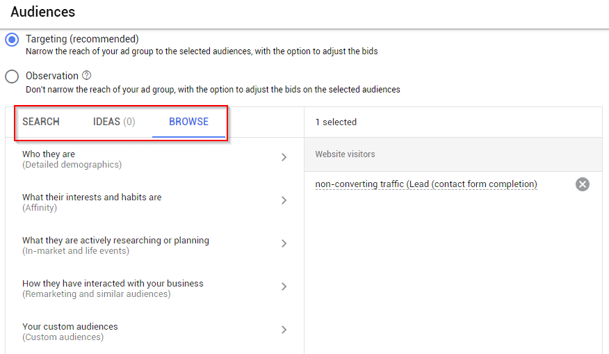 the audiences menu in google ads
