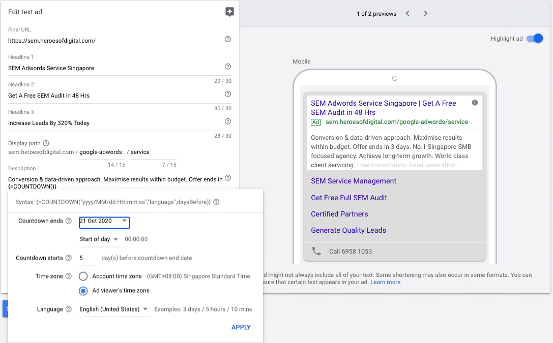 optimising ads with countdown timers