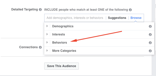 behaviour based facebook targeting option